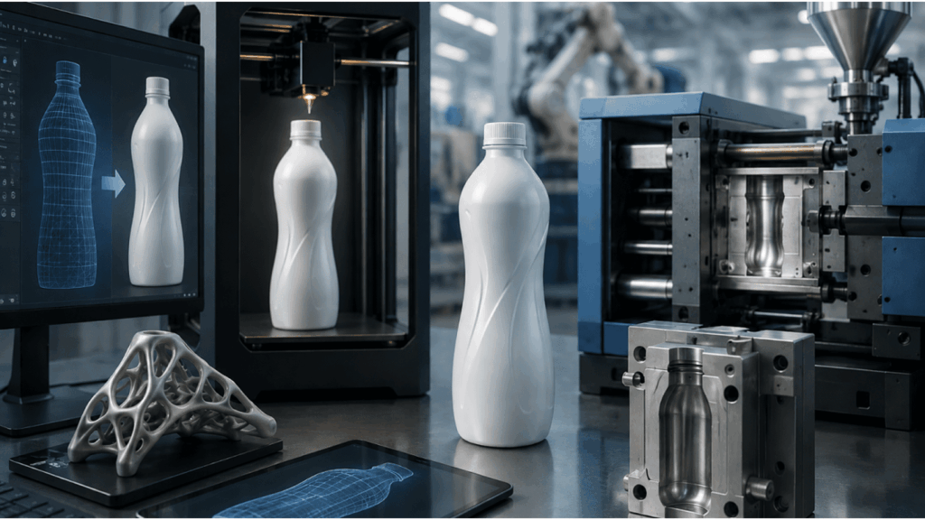 Industrial 3D printing lab with white bottle prototypes (one in printer, others on table) and a tablet showing bottle designs