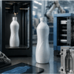 Industrial 3D printing lab with white bottle prototypes (one in printer, others on table) and a tablet showing bottle designs