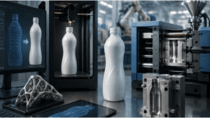 Industrial 3D printing lab with white bottle prototypes (one in printer, others on table) and a tablet showing bottle designs