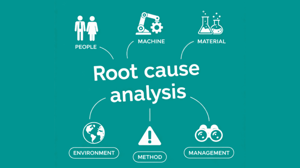 Infographic showing root cause analysis with six factors: people, machine, material, environment, method, management on a teal background.