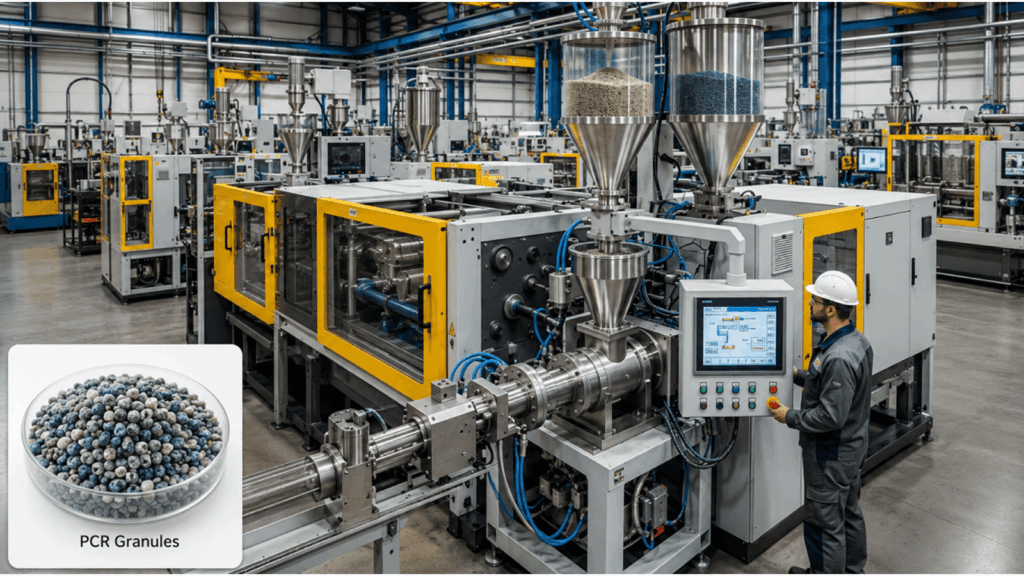 Industrial factory floor with automated extrusion machinery and an operator in a hard hat using a touchscreen control panel. An inset shows a bowl of PCR granules labeled PCR Granules.