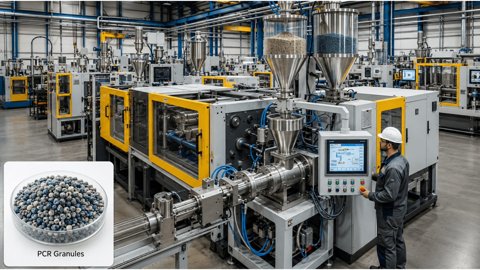 Industrial factory floor with automated extrusion machinery and an operator in a hard hat using a touchscreen control panel. An inset shows a bowl of PCR granules labeled PCR Granules.