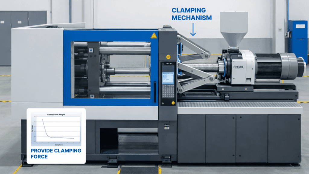 Industrial molding machine with a labeled 'Clamping Mechanism' section and an inset graphic reading 'Provide Clamping Force' at bottom left.