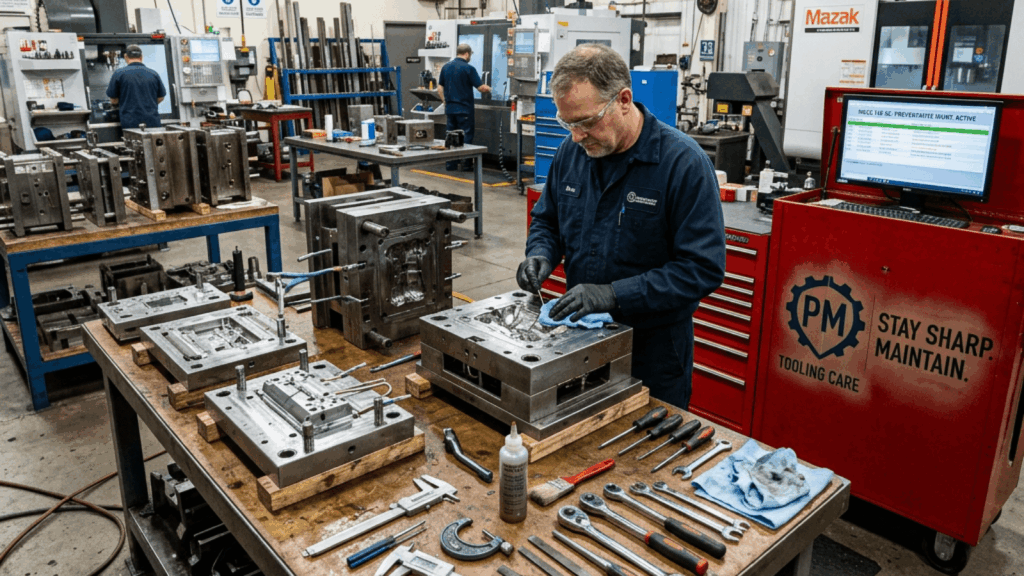 Machinist in safety glasses and blue coveralls works on a metal fixture at a cluttered workbench in a busy factory floor.