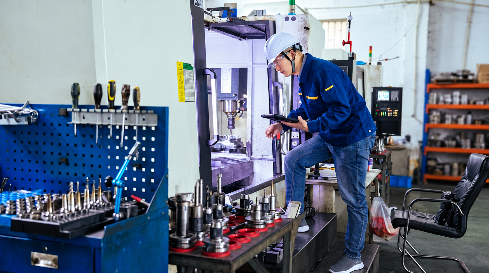 Machinist in blue uniform and white helmet operating a CNC milling machine, holding a tablet, surrounded by tooling on a blue pegboard and workstation.