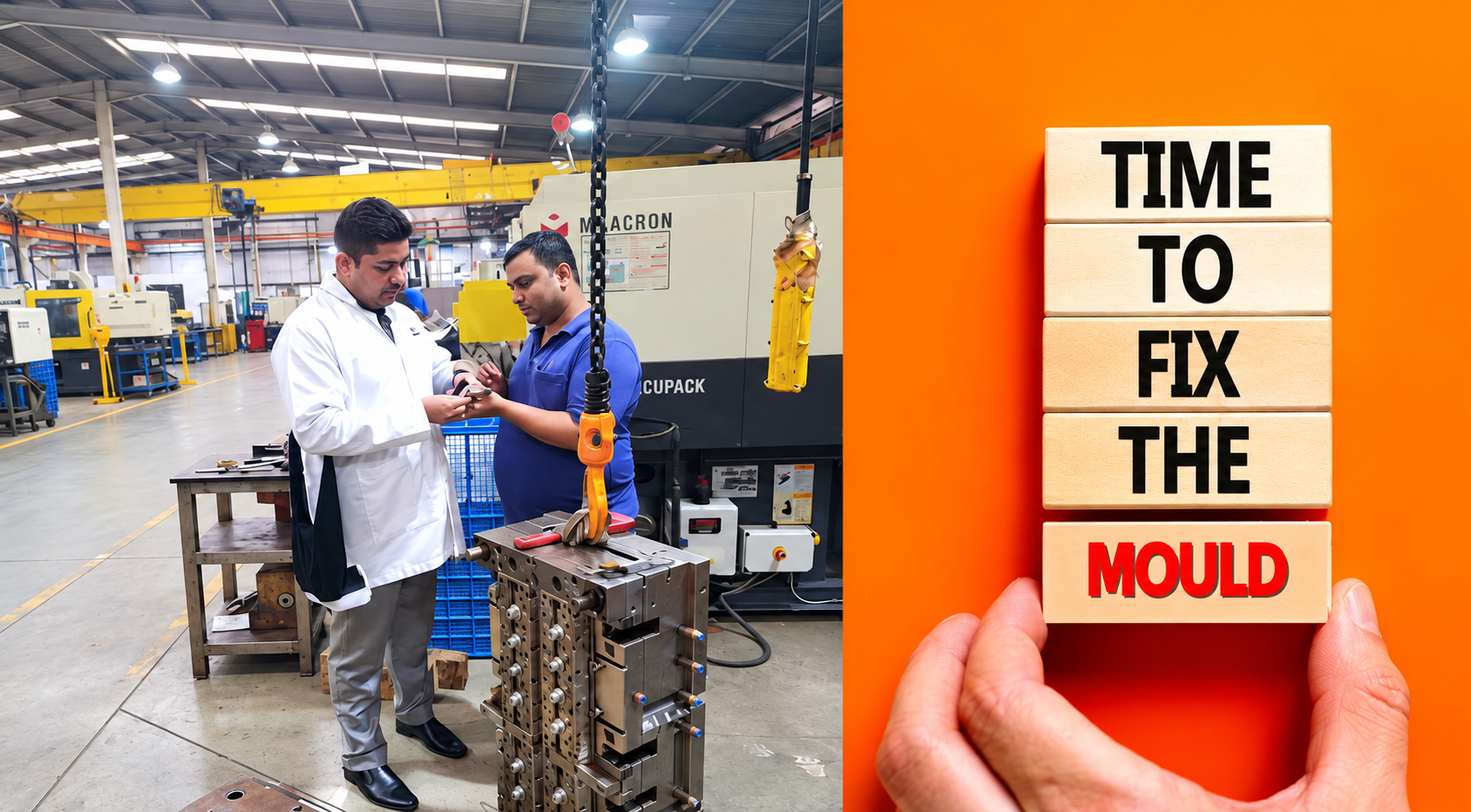 Two workers in a manufacturing plant inspect a metal part at a workstation with large machinery in the background, bright factory lighting overhead.