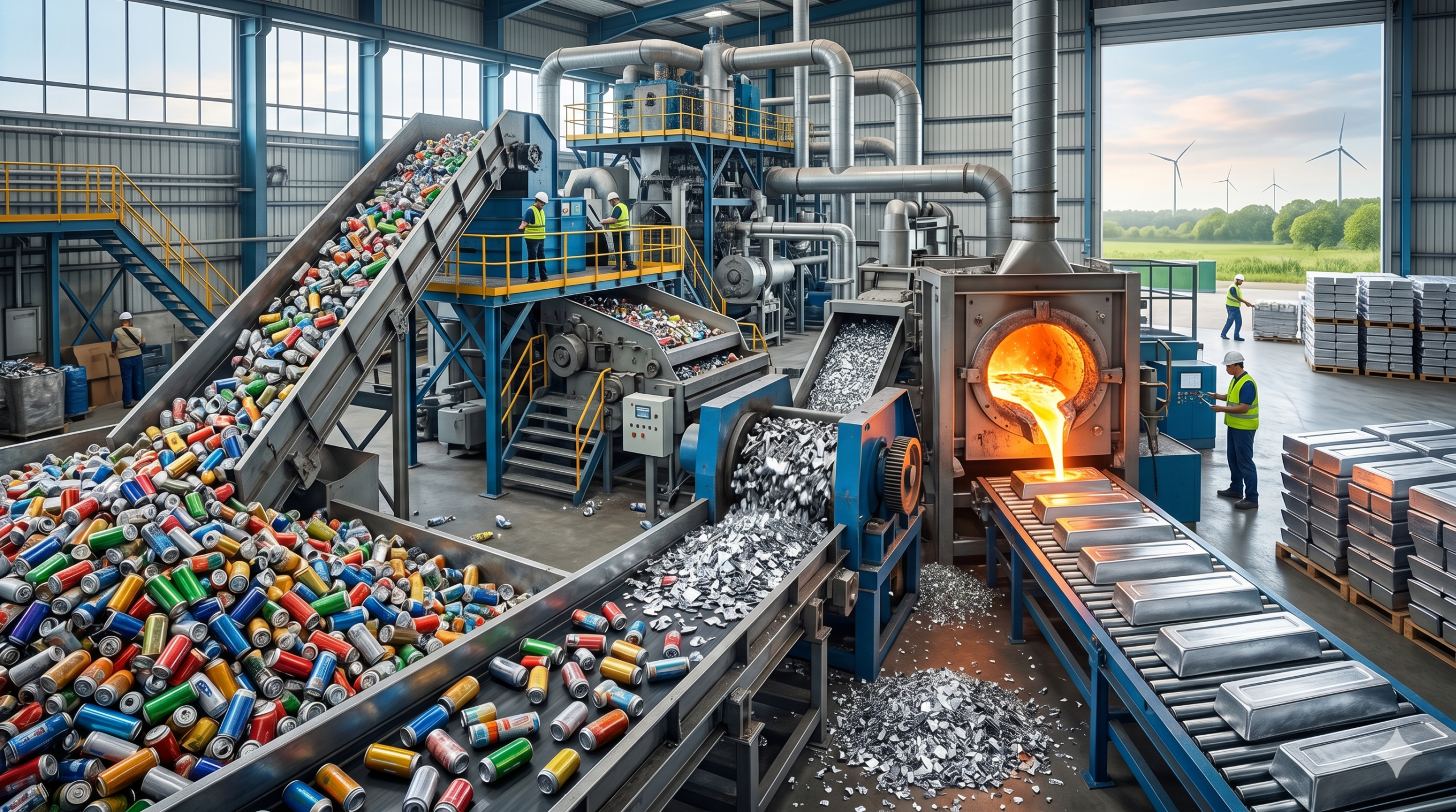 Gemini_Generated_Image_13xaa413xaa413xa-scaled - Efficient-Innovations Industrial recycling plant with conveyors carrying colorful crushed cans, workers on platforms, and a molten metal furnace in view.
