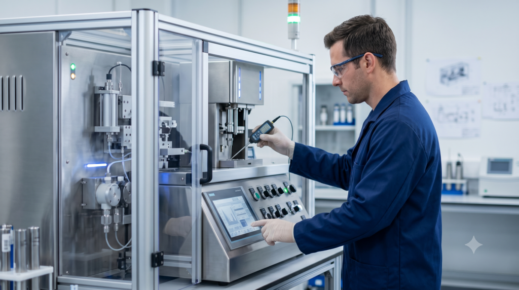 Lab technician in a blue coat and safety glasses operates a touchscreen on a large stainless steel lab machine.