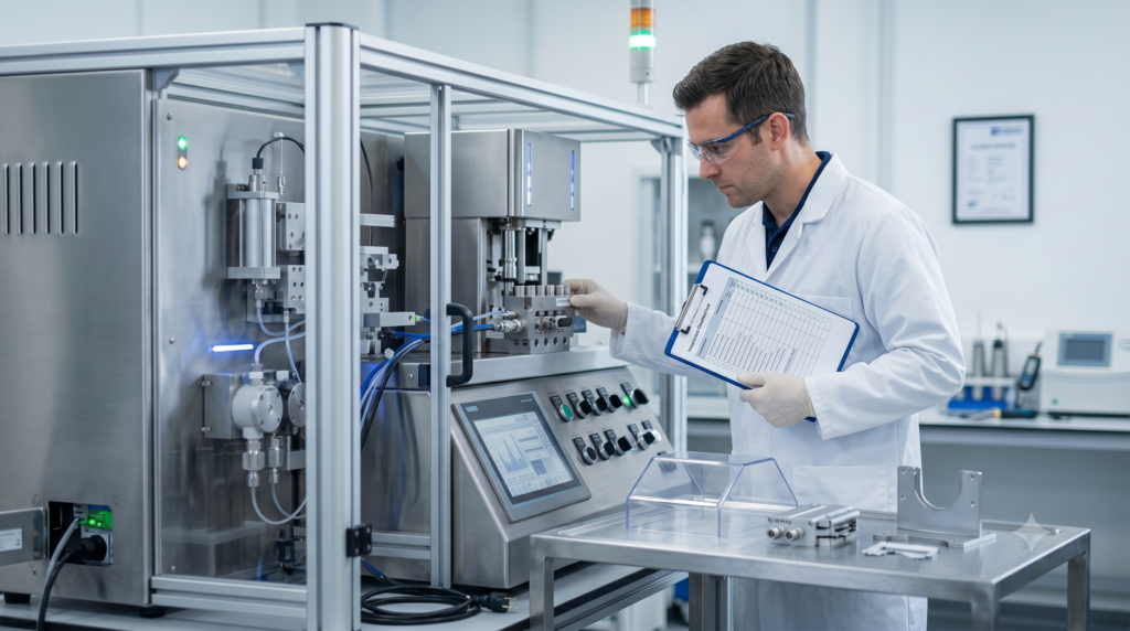 Scientist in a white lab coat and safety glasses adjusts a stainless steel machine, clipboard in hand, in a high-tech lab setting.