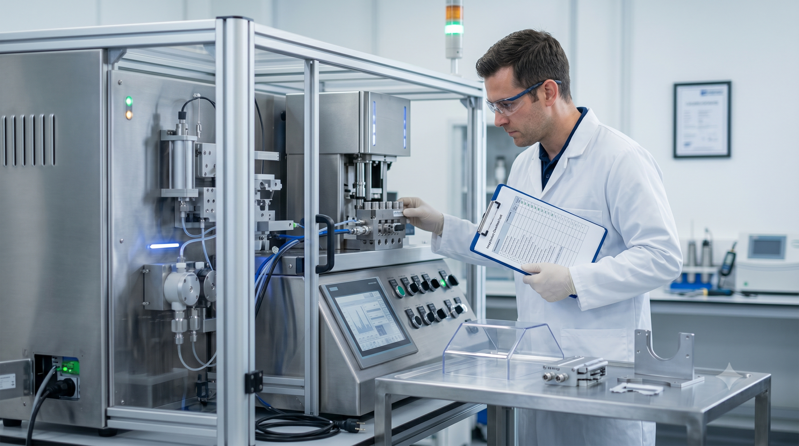 Scientist in a white lab coat and safety glasses adjusts a stainless steel machine, clipboard in hand, in a high-tech lab setting.