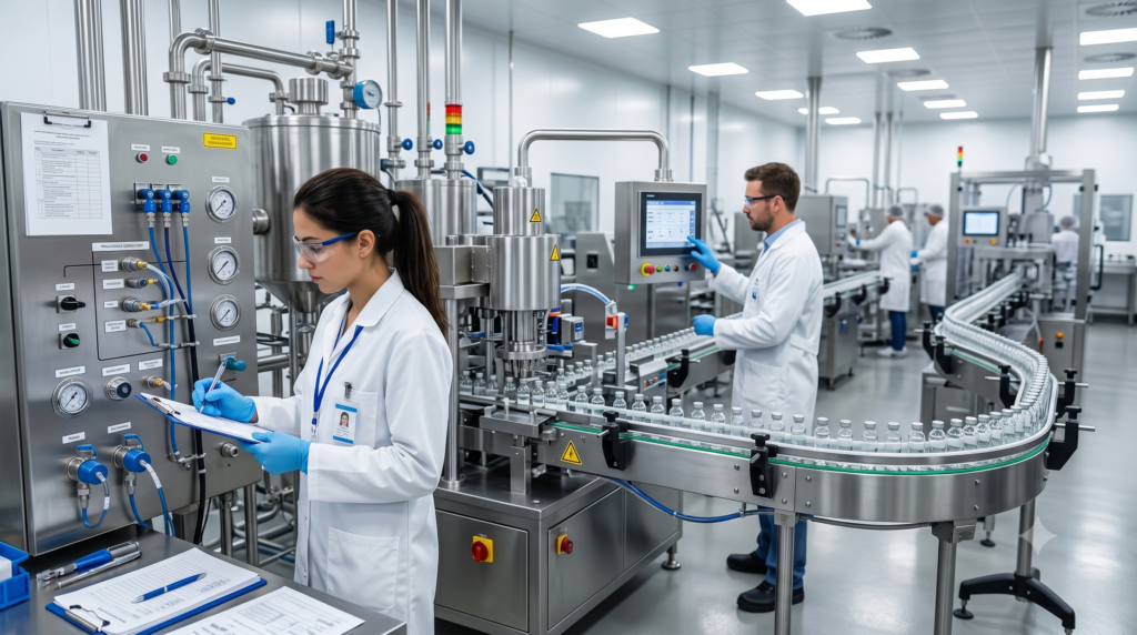 Two technicians in white coats and safety glasses operate an automated bottling line in a cleanroom, monitoring stainless steel equipment and a conveyor of small bottles.