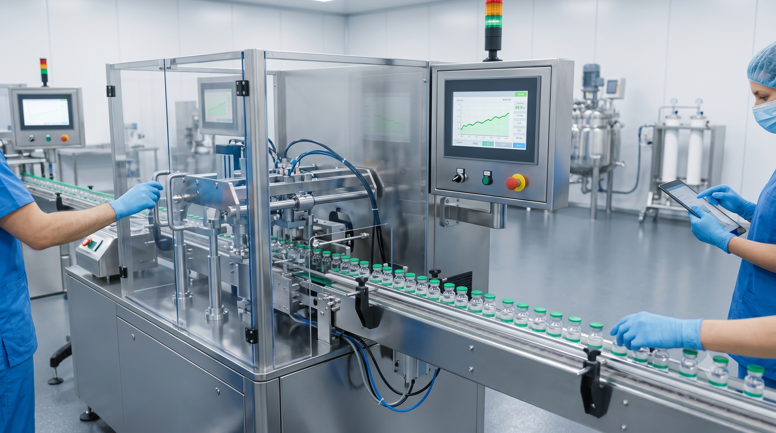 Automated bottling line in a cleanroom with a conveyor of small vials and workers in blue scrubs monitoring the machinery.