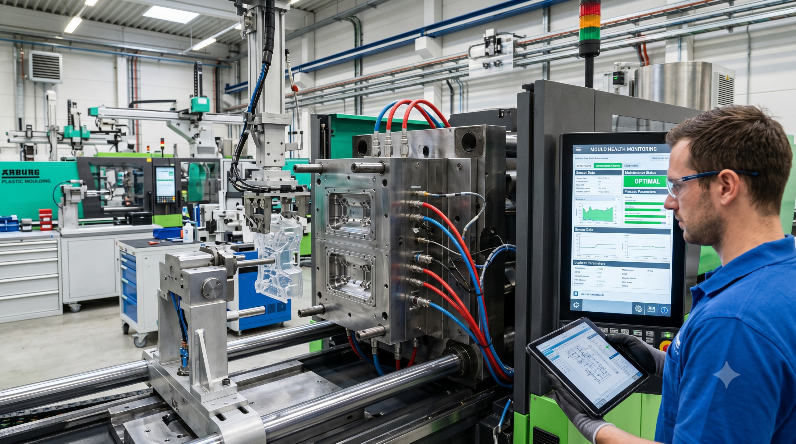 - Efficient-Innovations Engineer in blue uniform monitors a metal extrusion machine with screens displaying data in a factory setting stabilized by bright overhead lights and cables.