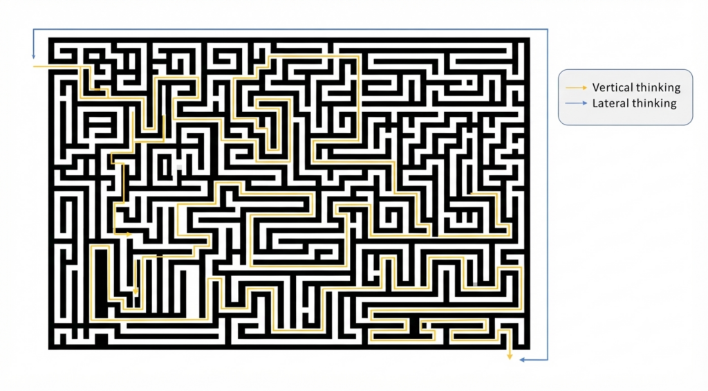 Complex black maze with a yellow path labeled vertical thinking and a blue path labeled lateral thinking; legend on the right.