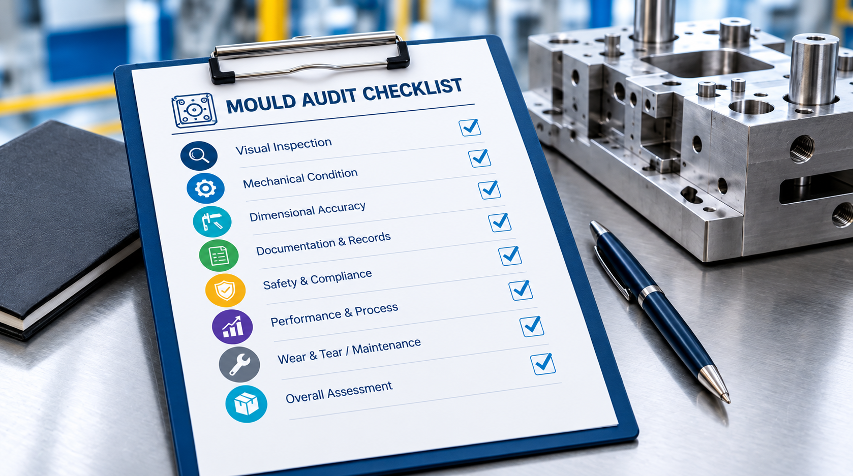 Industrial Mould Audit Checklist - Efficient-Innovations Clipboard titled 'Mould Audit Checklist' listing items with checkmarks, in a factory setting.