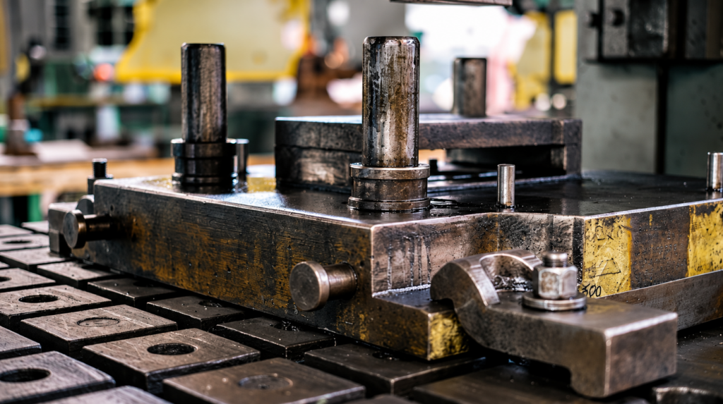 Industrial metal stamping press with oil-soaked steel components and clamps on a dark worktable.
