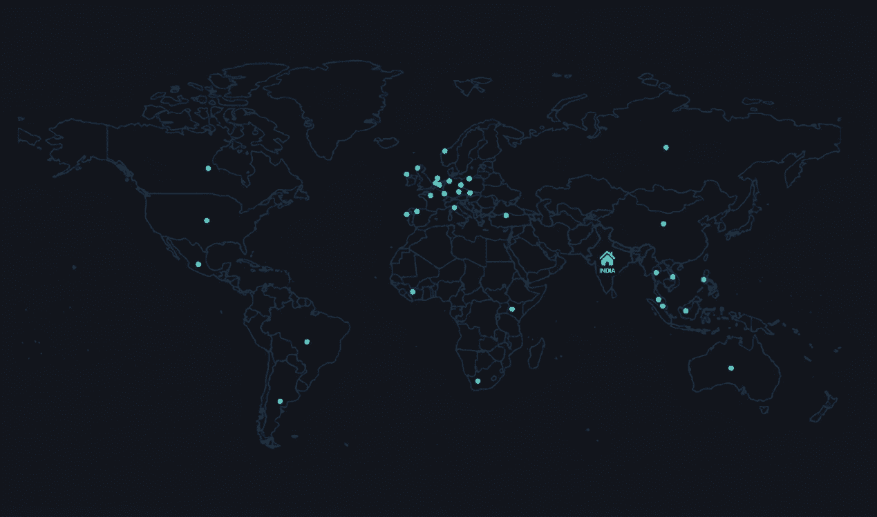 Global dark world map with teal dots marking active locations; India is highlighted with a home icon.
