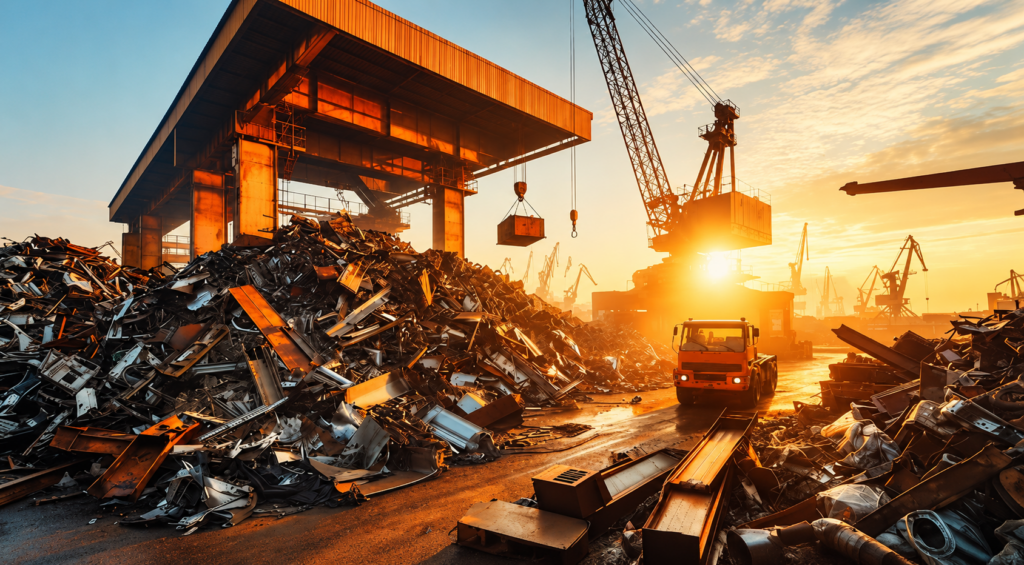 Industrial scrapyard at sunset with cranes lifting metal scraps and a truck navigating between piles of debris.