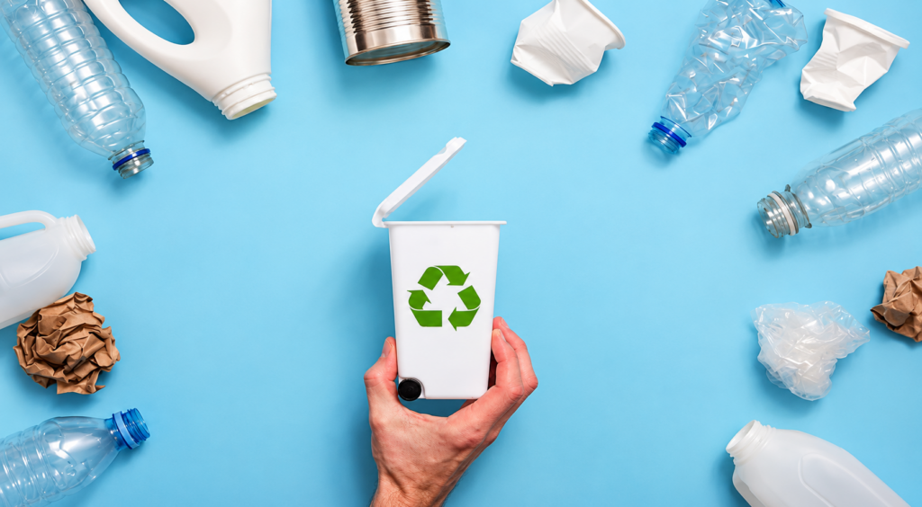 Hands holding a white recycling bin with a green recycling symbol on a blue backdrop, surrounded by plastic bottles and crumpled paper waste.