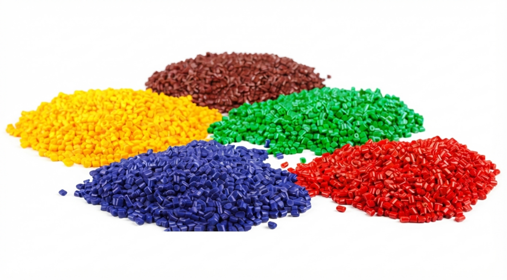 Piles of small plastic pellets in yellow, brown, green, blue, and red on a white background.