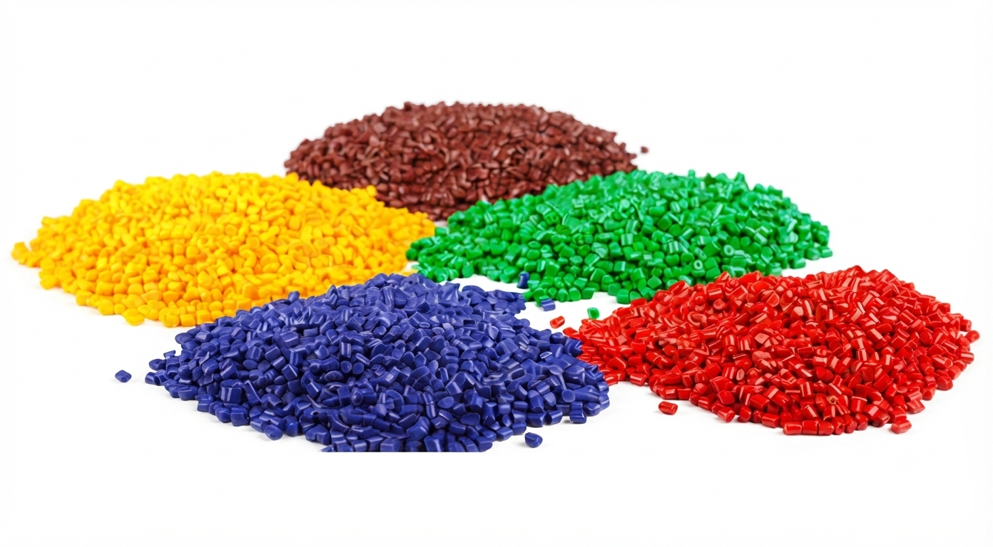 Piles of small plastic pellets in yellow, brown, green, blue, and red on a white background.