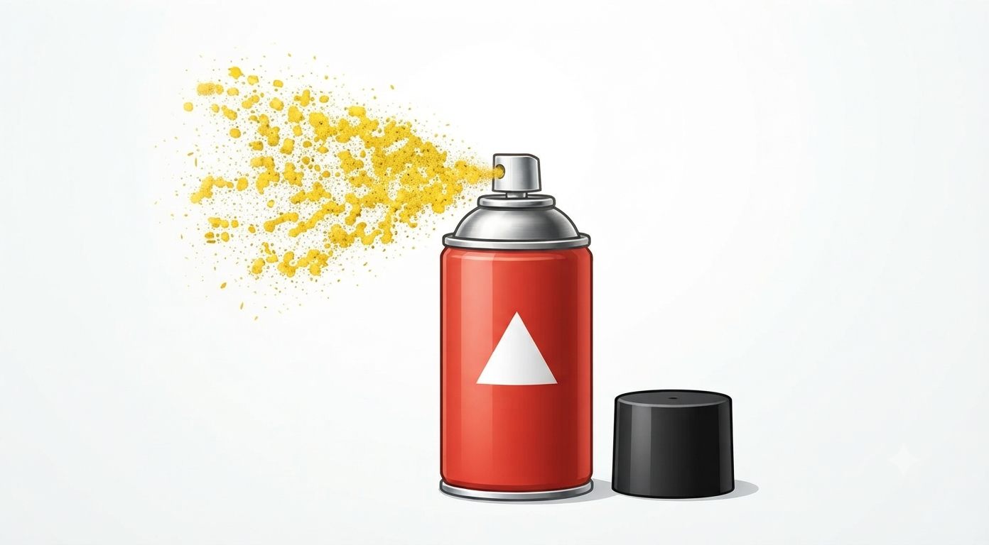 Recycling Aerosol Beverage Cans _ Process Benefits Impact - Efficient-Innovations Red aerosol spray can with a white triangle label, spraying yellow paint to the left; the black cap sits nearby.