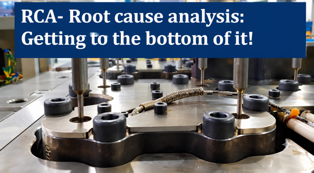 Blue banner reads 'RCA- Root cause analysis: Getting to the bottom of it!' above industrial machining equipment in a factory setting.
