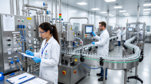 Pharmaceutical workers in white coats and blue gloves monitor a bottling line in a clean-room factory setting with stainless steel equipment and bottles on a conveyor.
