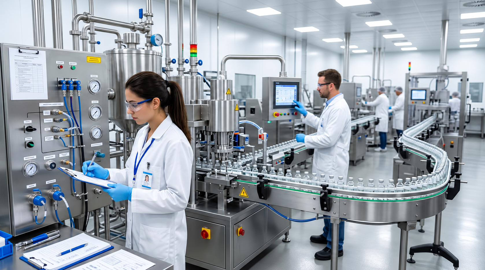basic-guide-to-iq-oq-pq - Efficient-Innovations Pharmaceutical workers in white coats and blue gloves monitor a bottling line in a clean-room factory setting with stainless steel equipment and bottles on a conveyor.
