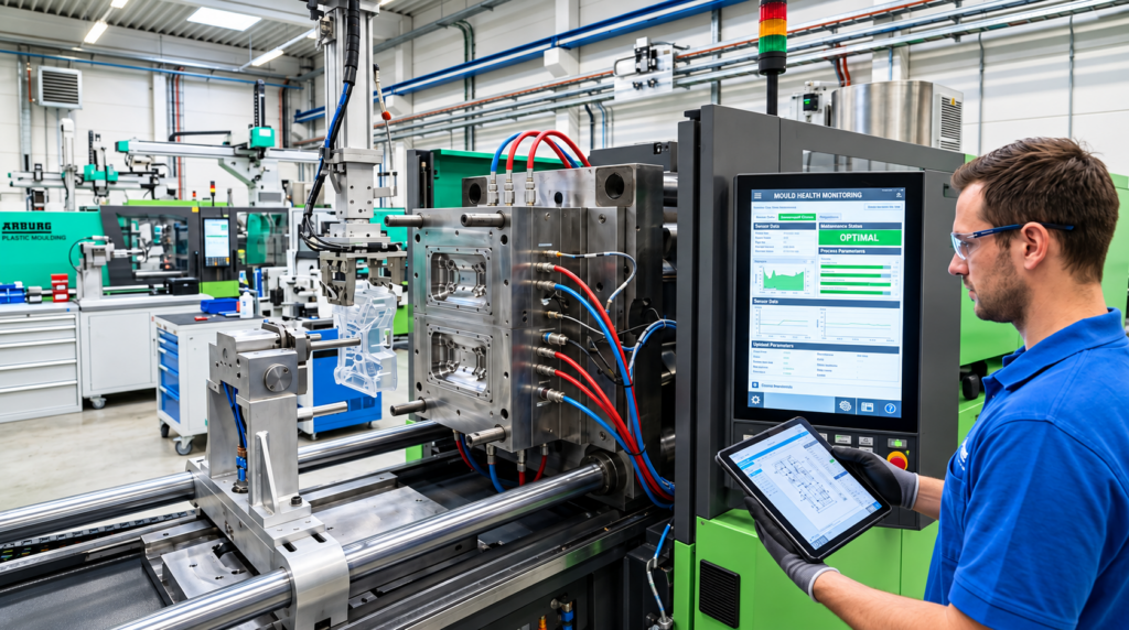Operator in blue polo and safety glasses uses a tablet to control a large mold machine in a plastics manufacturing cell.