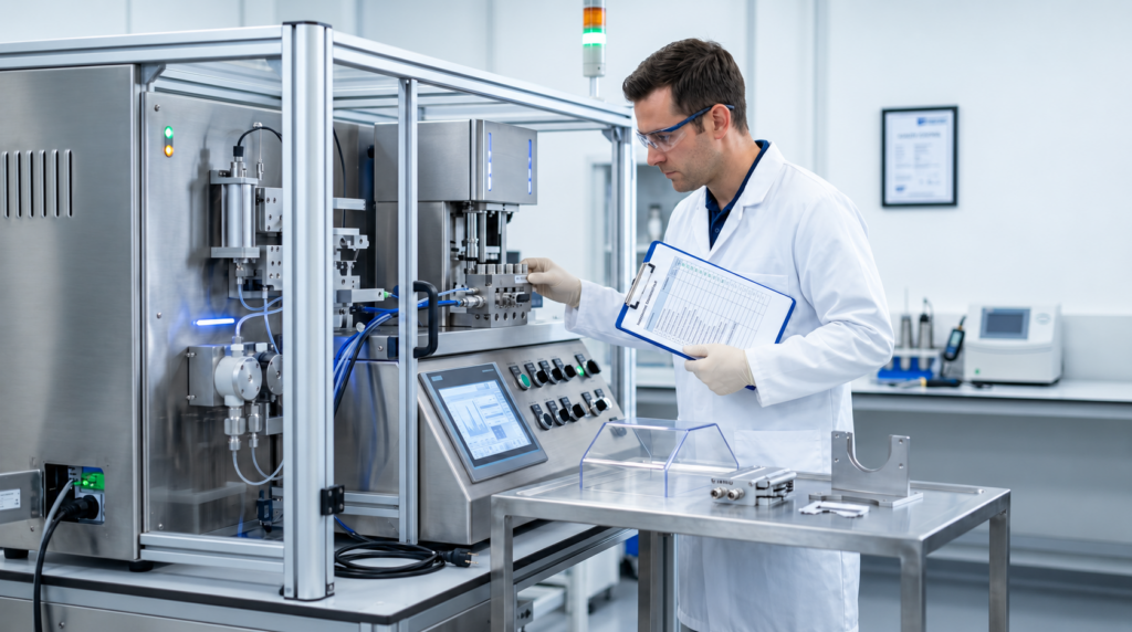 Lab technician wearing safety glasses checks a stainless steel machine while holding a clipboard.
