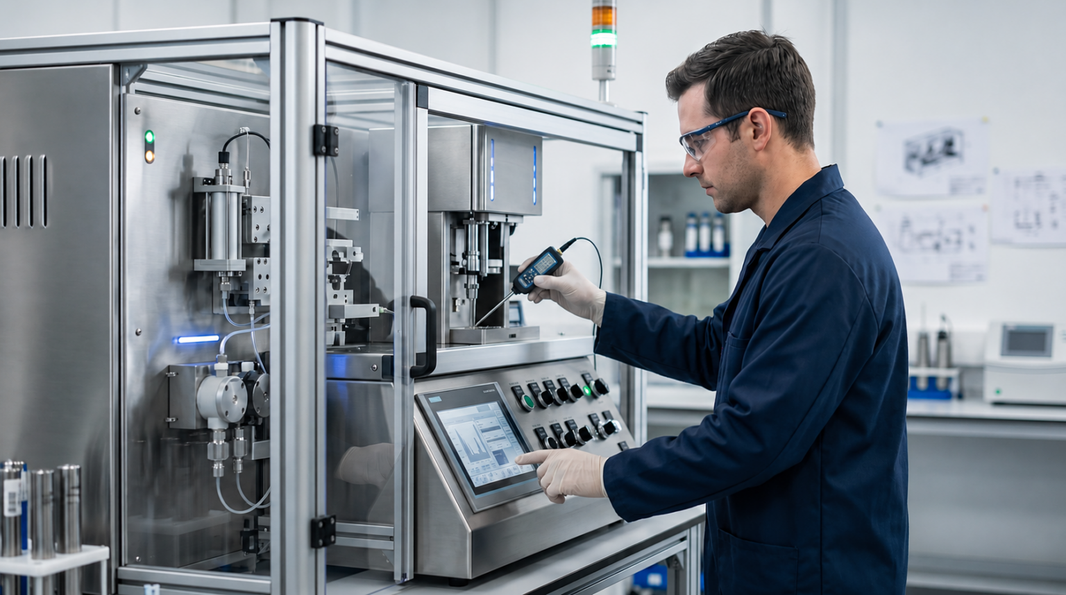 Lab technician in safety glasses adjusts a stainless steel automated machine using a handheld tool while watching the touchscreen control panel.