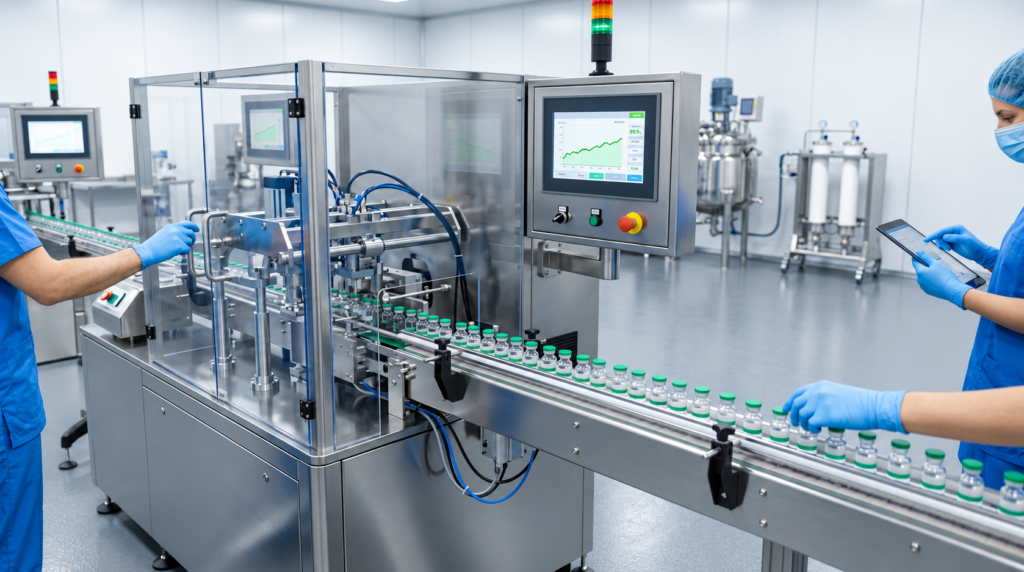Automated pharmaceutical filling line with glass vials on a conveyor; technicians in blue scrubs monitor stainless steel machinery in a cleanroom.