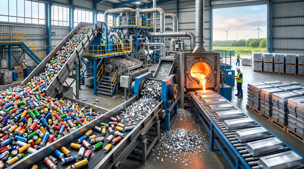 Industrial recycling facility with a conveyor belt of colorful aluminum cans, workers in safety vests, and a molten metal furnace.