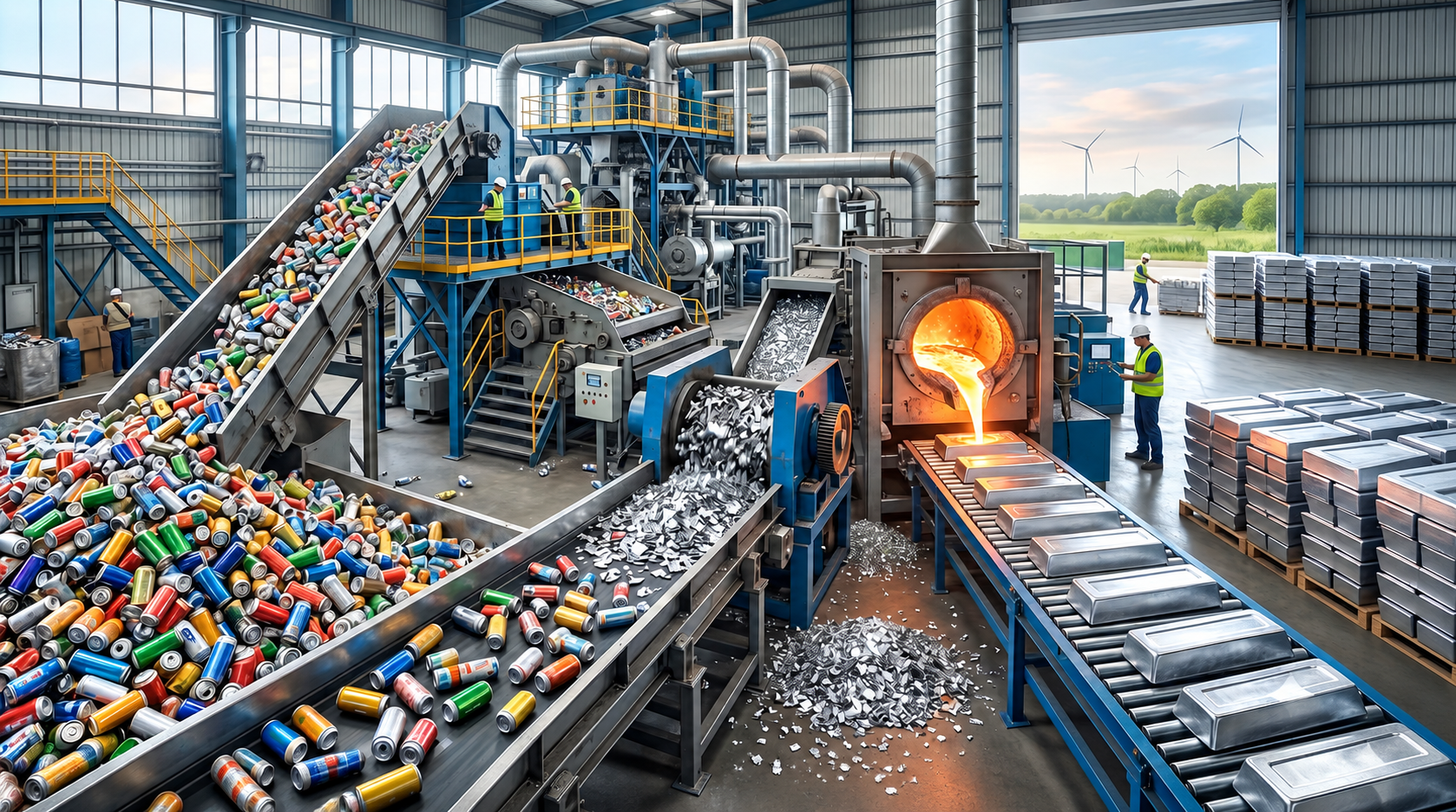 Industrial recycling facility with a conveyor belt of colorful aluminum cans, workers in safety vests, and a molten metal furnace.