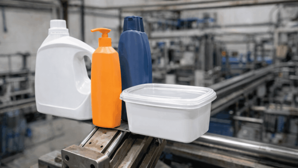 White detergent jug, orange pump bottle, and blue bottle on a conveyor in an industrial setting.