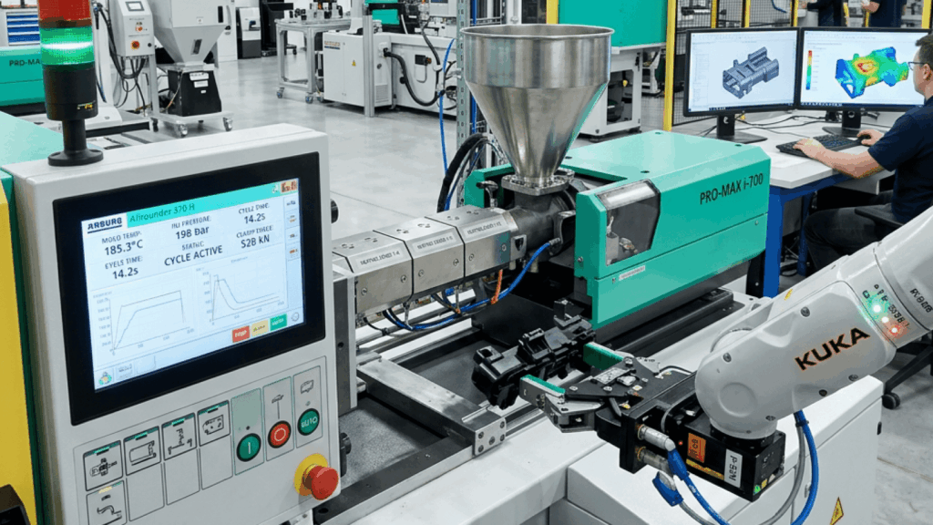 Robotic assembly cell: a KUKA robotic arm handles metal parts on a conveyor beside a green PRO-MAX i-700 machine and a monitor displaying a 3D part model.