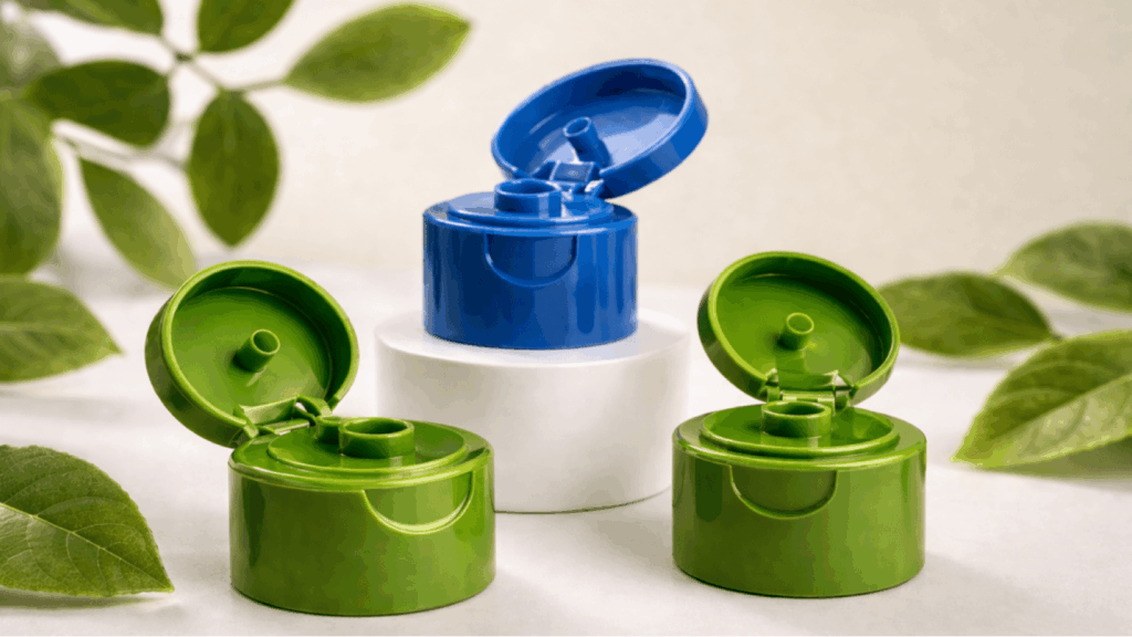 Three plastic bottle caps (two green, one blue) arranged on a white display, blue cap open while green caps are closed, with green leaves in the background.