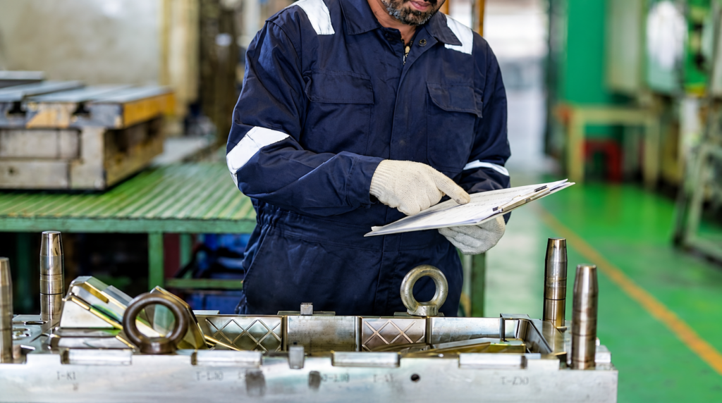 Factory worker in dark blue coveralls with gloves, holding a clipboard over a metal fabrication table with machined parts nearby.