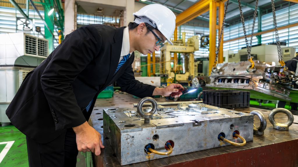 Engineer in a white hard hat and suit inspecting a large metal die with a flashlight on a workbench in a factory setting