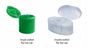 Two flip-top caps shown: left is a green single-walled cap, right is a clear double-walled cap (open).