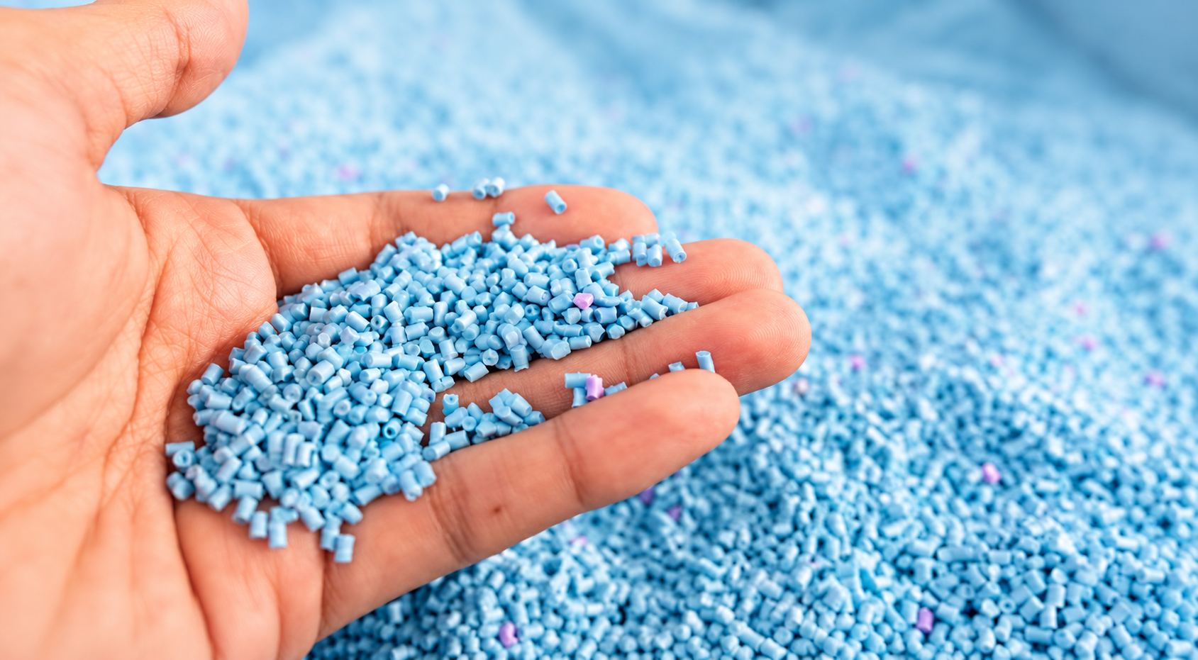 Hand cupping tiny blue plastic pellets, with a blue pellet-strewn background and a few pink specks nearby.