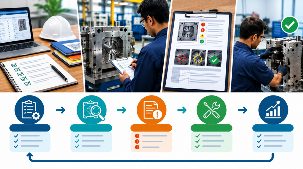 Quality control collage: office checklist, a technician inspecting a metal mold, and a step-by-step process graphic with checks and alerts.