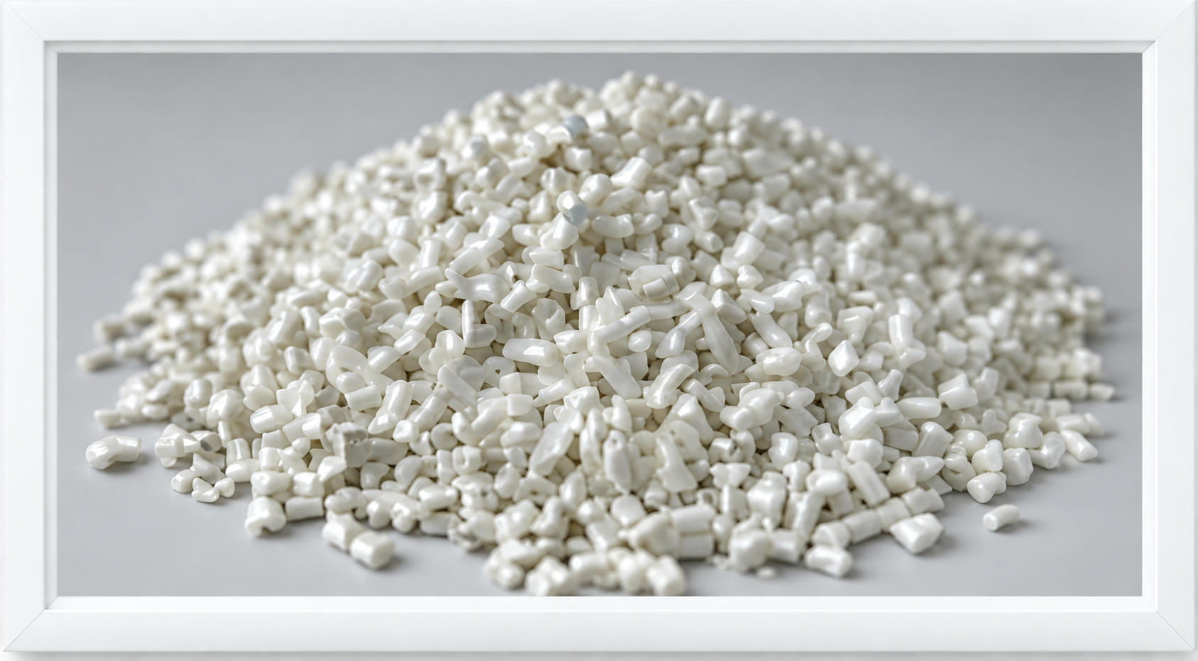 Pile of small white plastic pellets on a light gray background, close-up view (informative).
