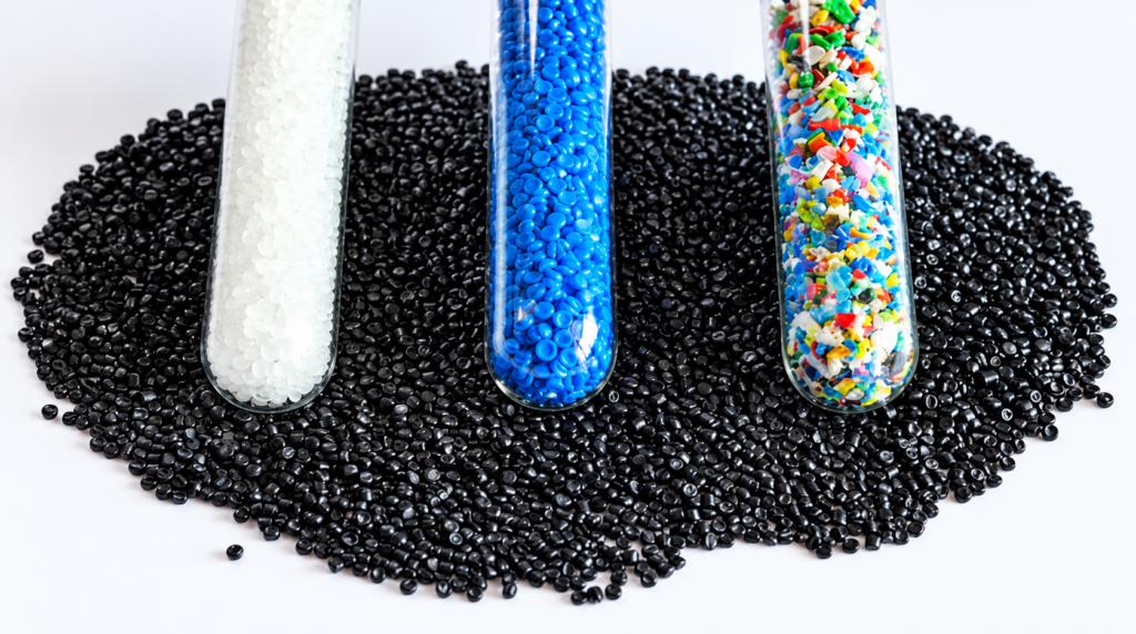 Close-up of four glass tubes filled with plastic pellets (white, blue, and multicolored) resting on a mound of black pellets.