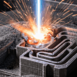 Molten metal filling a mold with bright sparks flying in a metalworking shop.