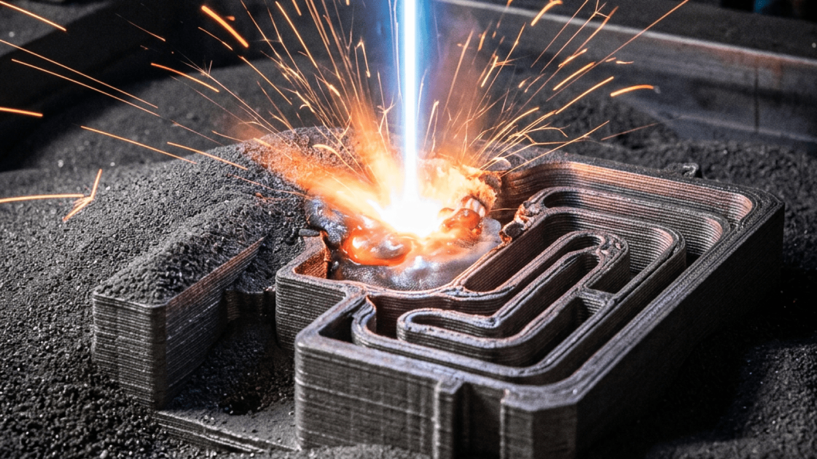 12-Enhancing-Injection-mould-performance-through-Conformal-cooling-technology-1 - Efficient-Innovations Molten metal filling a mold with bright sparks flying in a metalworking shop.