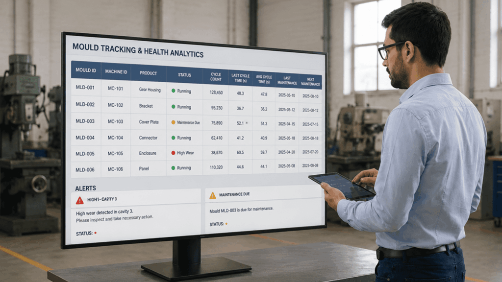 Factory worker in a light blue shirt uses a tablet while reviewing a large monitor displaying a 'Mould Tracking & Health Analytics' dashboard with status and alerts.