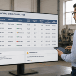 Factory worker in a light blue shirt uses a tablet while reviewing a large monitor displaying a 'Mould Tracking & Health Analytics' dashboard with status and alerts.