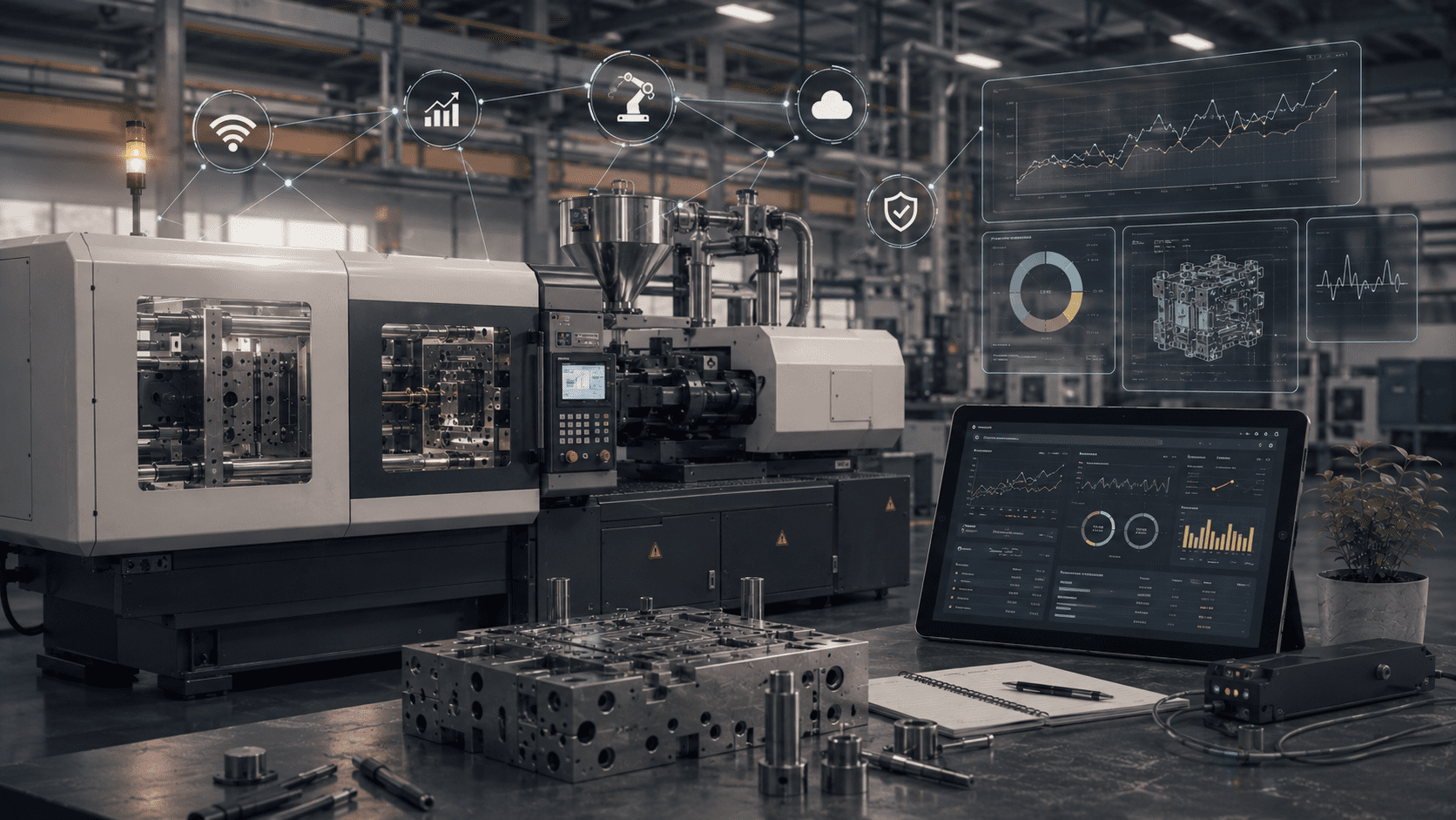 Industrial manufacturing cell with a CNC machine, control tablet, and holographic dashboards displaying analytics and robotics icons.